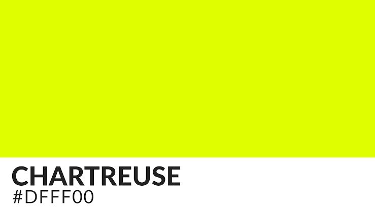 a color tile titled "chartreuse (hex code) #DFFF00"