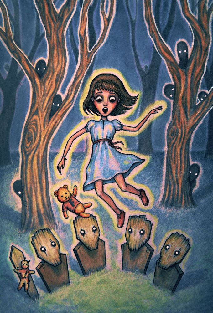 An illustration of a little girl floating in the woods with her teddybear. There's some strange wooden statues on the ground and one wooden plank with a voodoo doll pinned down on it. In the trees we see little shadow beings peeking out.