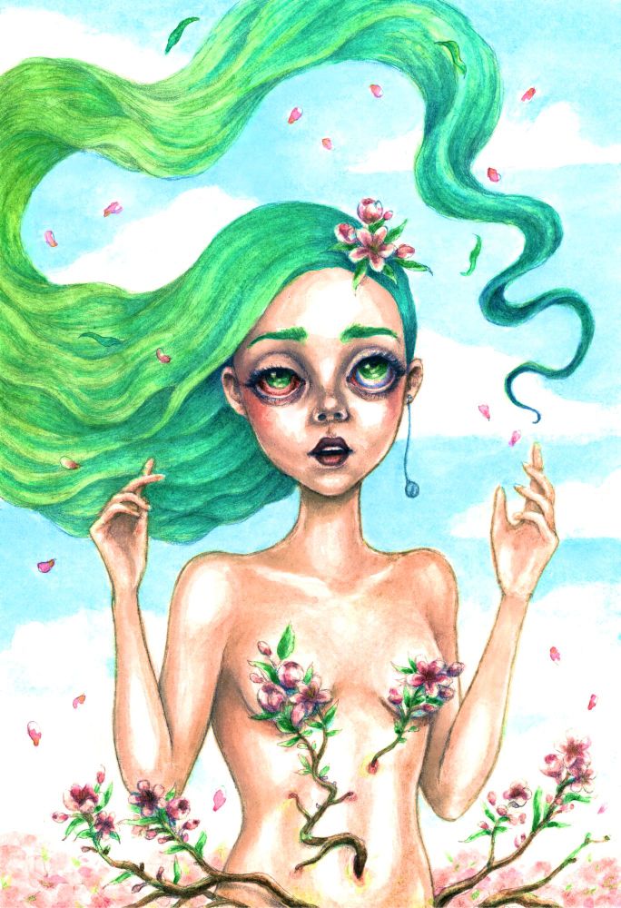 Watercolor painting of a women with long green hair flowing in the wind, There are branches with flowers growing from her body. 