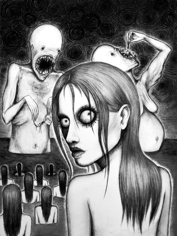 A drawing made with a black ink ball pen. A women at the front is turning her head around looking right at you. There are more women in the distance walking into water towards two giant creatures, one appearing to be pregnant. They seem to be eating the people that are approaching the creatures.