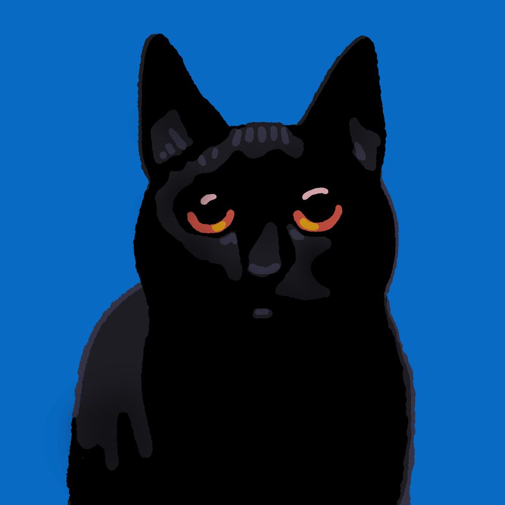 A digital painting of a black cat with real big, sweet eyes. She's looking directly into your soul!