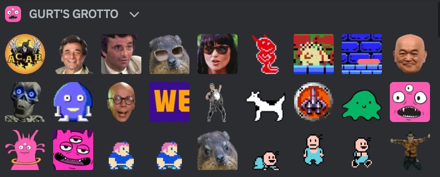 Three rows of Discord emotes, featuring a strange assortment of characters and critters