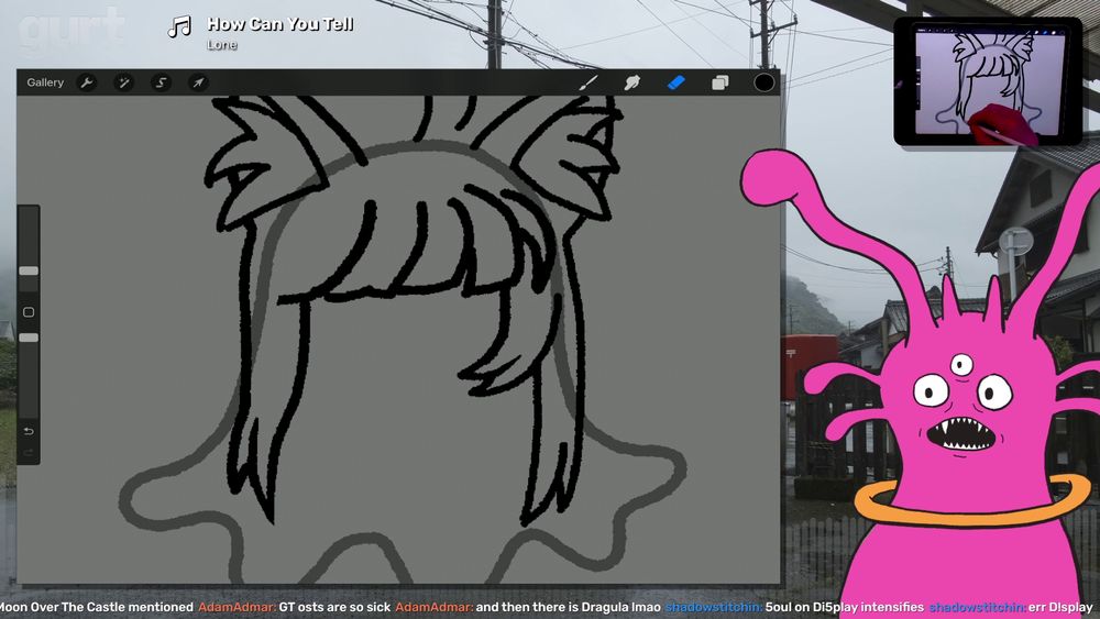 Screenshot from a gurtDX art stream, featuring live drawing of gurploids
