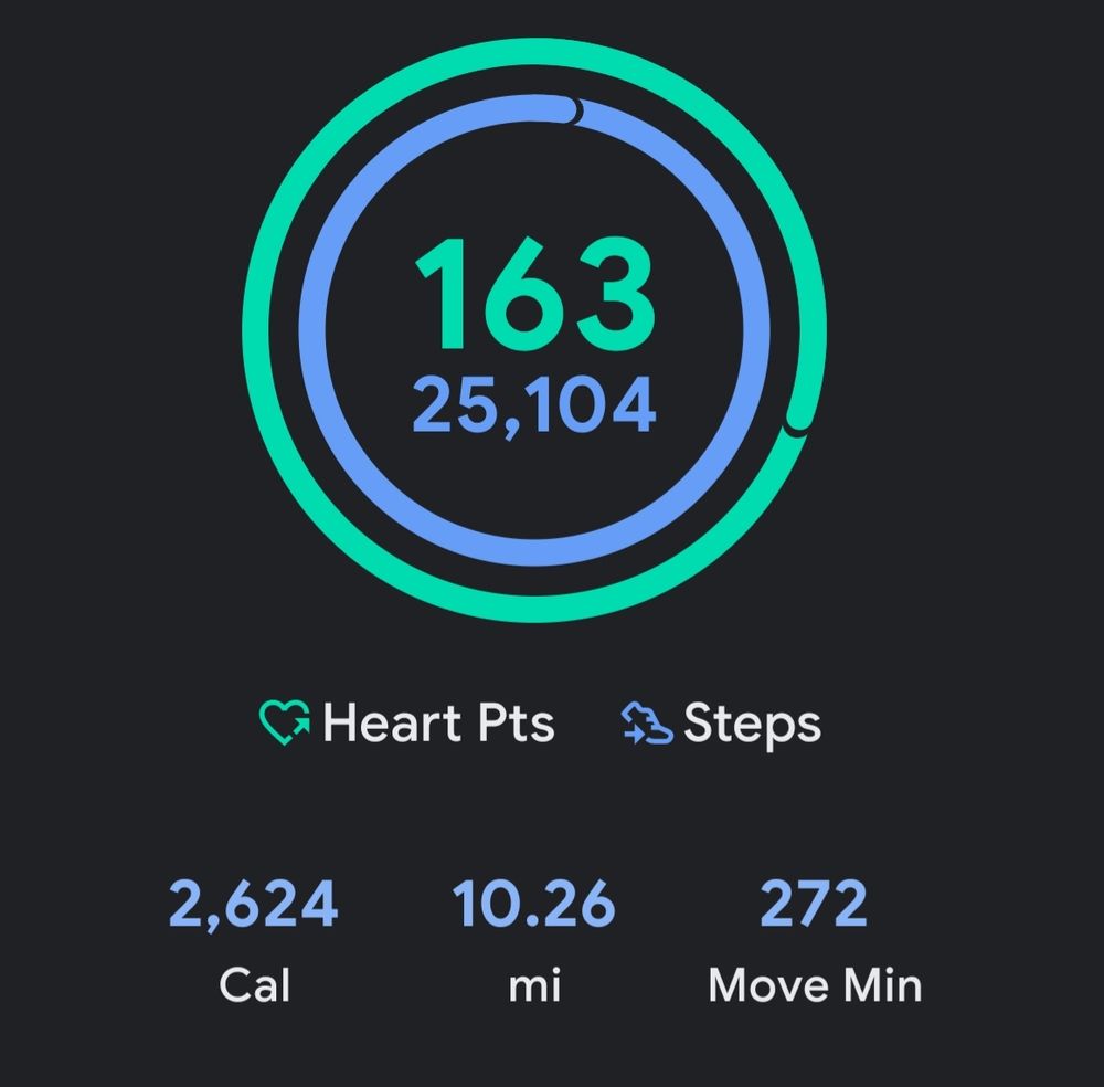 Step tracker screenshot showing 25,000 steps, 10 miles walked, 4.5 hours