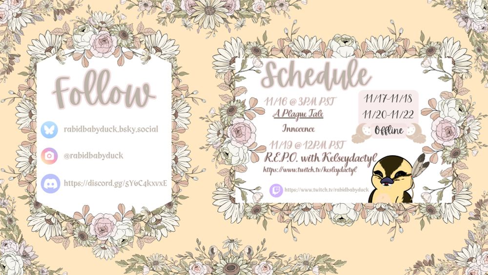 Follow

(Bluesky logo) rabidbabyduck.bsky.social

Instagram logo) @rabidbabyduck

(Discord logo) https://discord.gg/sY6C4kxvxE


Schedule

11/16 @ 3PM PST
A Plaque Tale: Innocence

11/19 @12PM PST
R.E.P.O. with Kelseydactyl 
https://www.twitch.tv/kesleydactyl

11/17-11/18
11/20-11/22
Offline

https://www.twitch.tv/rabidbabyduck