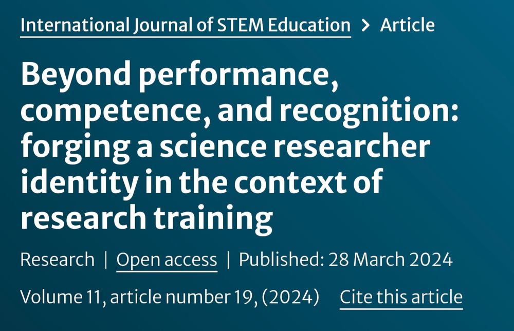 Screenshot of an article published in the International Journal of STEM Education. The article title is "Beyond performance, competence and recognition: Forging a science researcher identity in the context of research training."