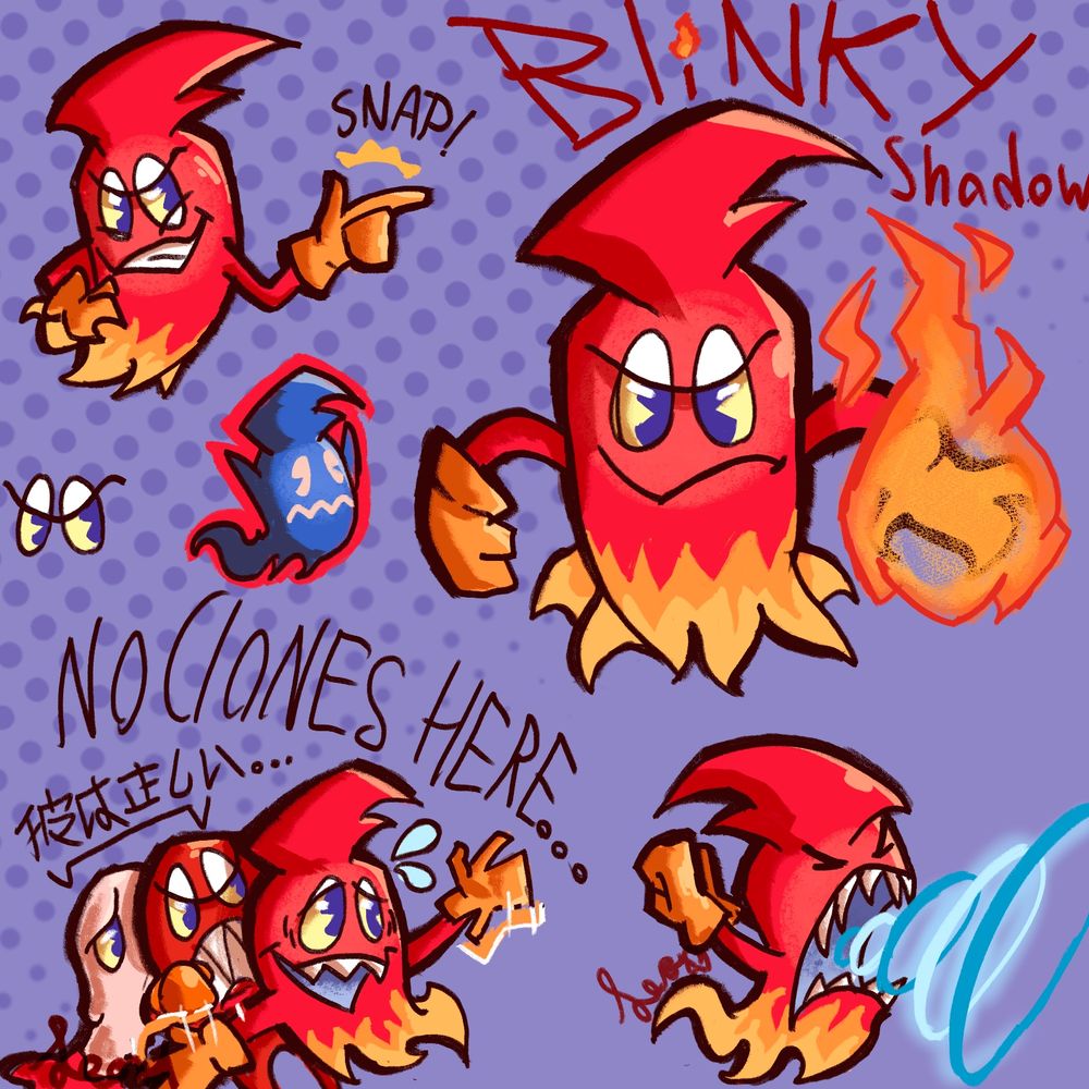 Blinky shadow, leader of the ghostgang, and his 2 latest creations, Blinky_clones 1.0 and 2.0