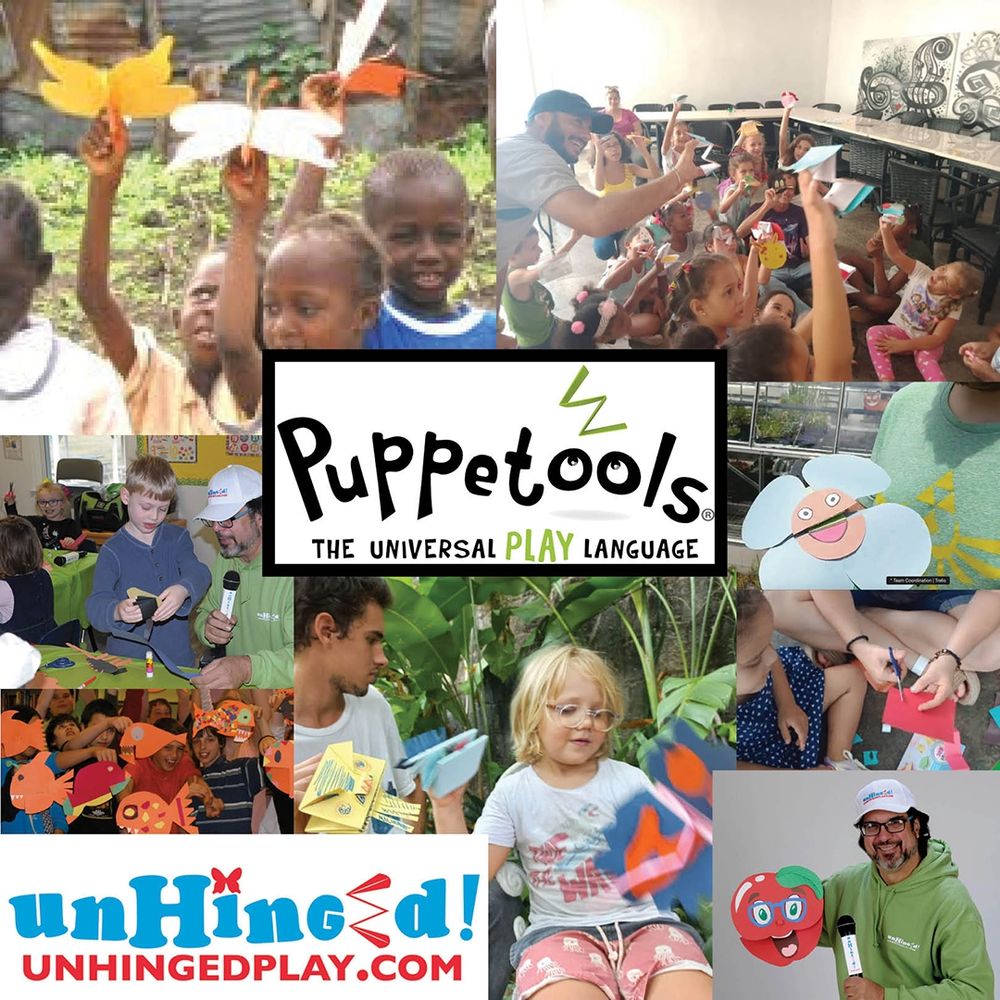 Collage of children doing Puppetools activities around the world including Gambia and Cuba. Puppets are of butterflies, fish, flowers, fruits and animals