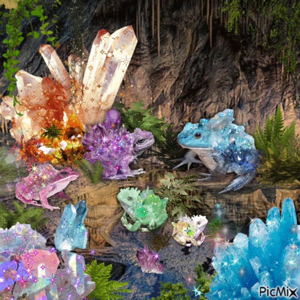 a picture of frogs surrounded by crystals with picmix written at the bottom