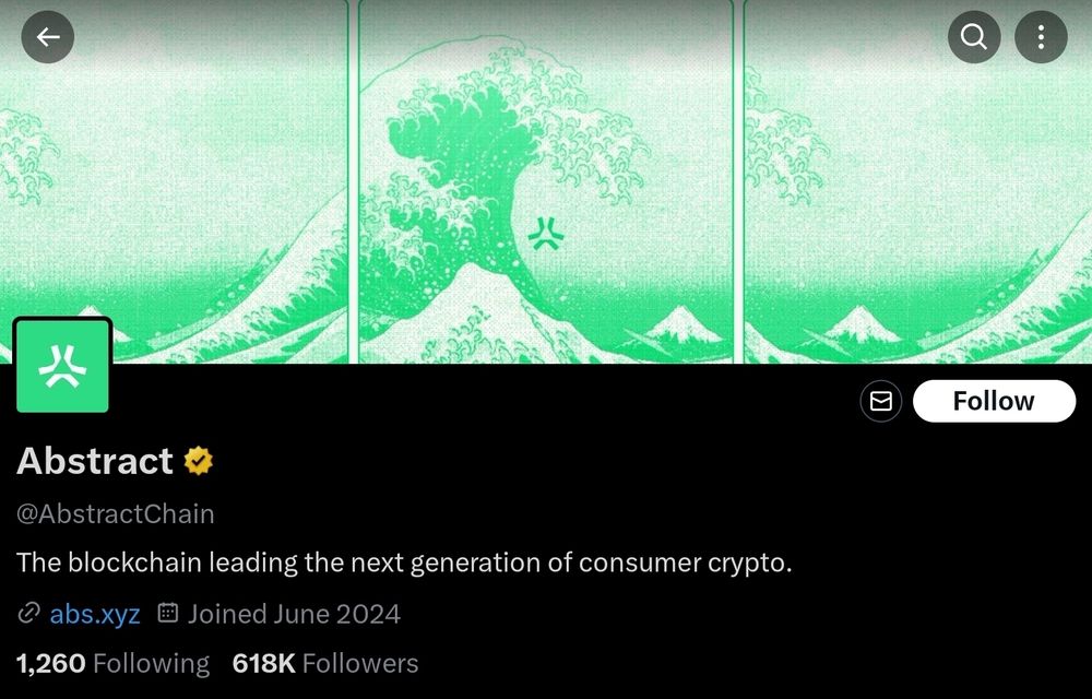 Abstract (@/AbstractChain) X account and bio: "The blockchain leading the next generation of consumer crypto."