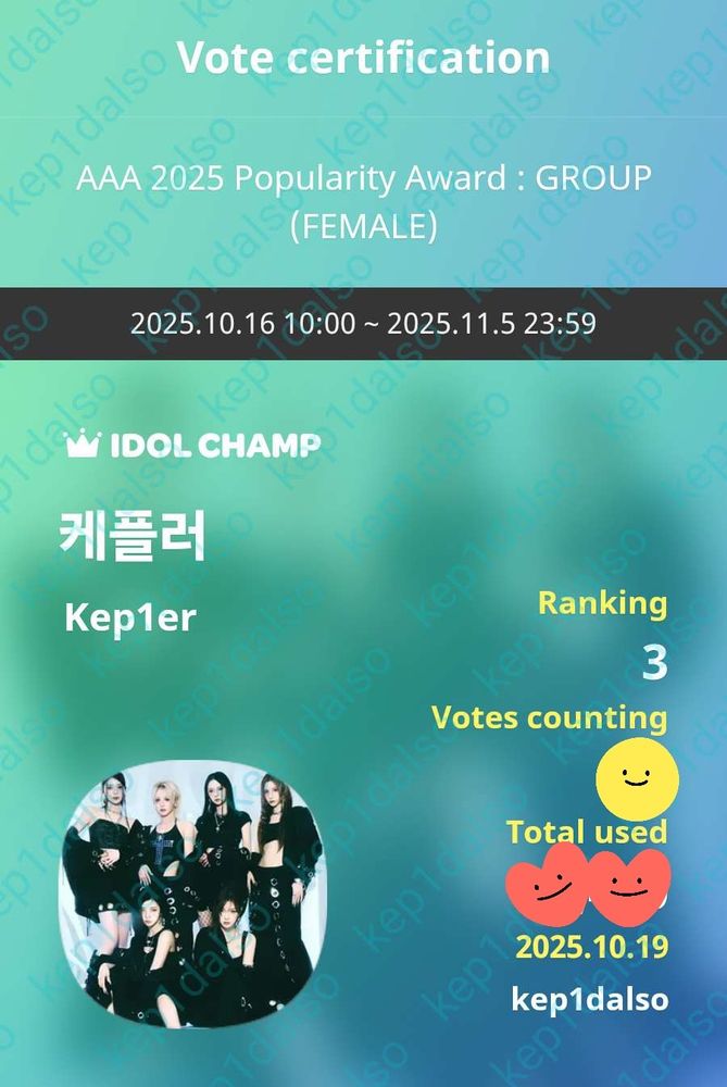 Vote certification

AAA 2025 Popularity Award : GROUP (FEMALE)

2025.10.16 10:00 ~ 2025.11.5 23:59

케플러
Kep1er

Ranking
3