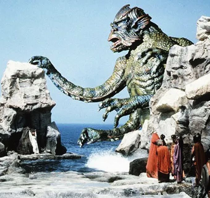 Image of the Kraken from the 1981 CLASH OF THE TITANS film. Creature looks like a large merman (green), made by Ray Harryhausen.