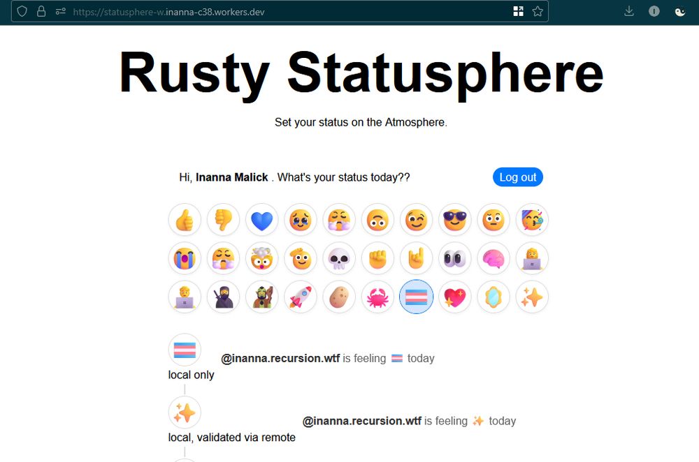 The front page of the linked website, with some emoji statuses published by me. Each is tagged with 'local only, remote, or local validated via remote' to distinguish between events that are published locally via optimistic db update, events that have been sourced from jetstream, and events that were originally published locally but were then observed via jetstream.