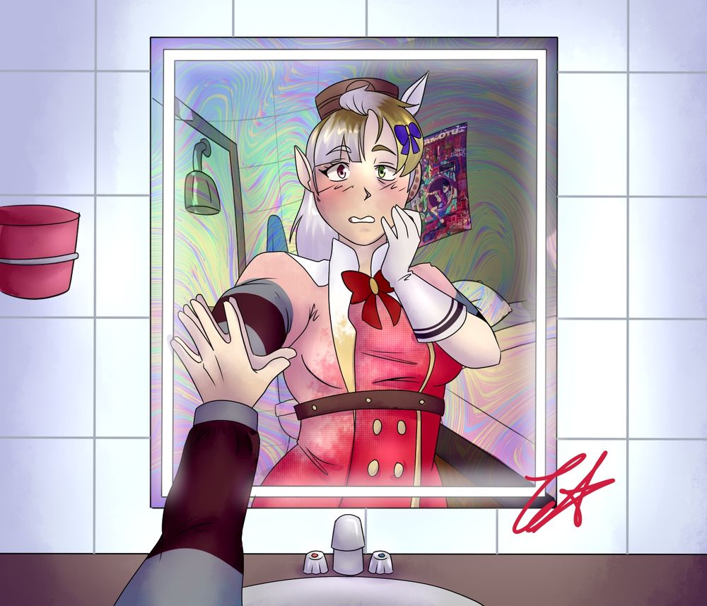 A first person POV shot of a man looking at his reflection in the mirror with his left arm outstretched as he turns into Gold Ship from Uma Musume: Pretty Derby