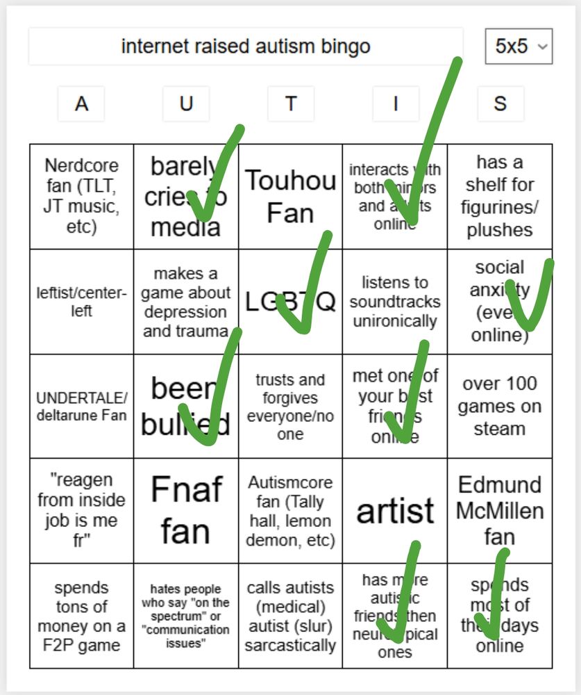 Internet Raised Autism Bingo, with the following spots marked with a green V:
"barely cries to media"
"interacts with both minors and adults online"
"LGBTQ"
"social anxiety (even online)"
"been bullied"
"met one of your best friends online"
"has more autistic friends then neurotypical ones"
"spends most of their days online"
