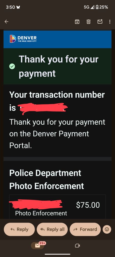 a screenshot of a photo enforcement ticket payment screen from Denver that is for $75