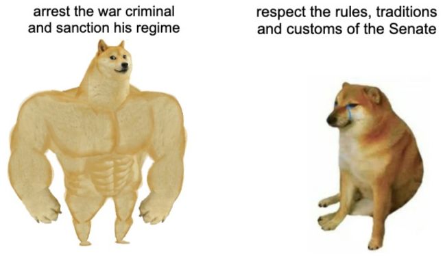 Buff dog vs wimpy dog meme. Buff dog is labelled "arrest the war criminal and sanction his regime". Wimpy dog is labelled "respect the rules, traditions and customs of the senate".