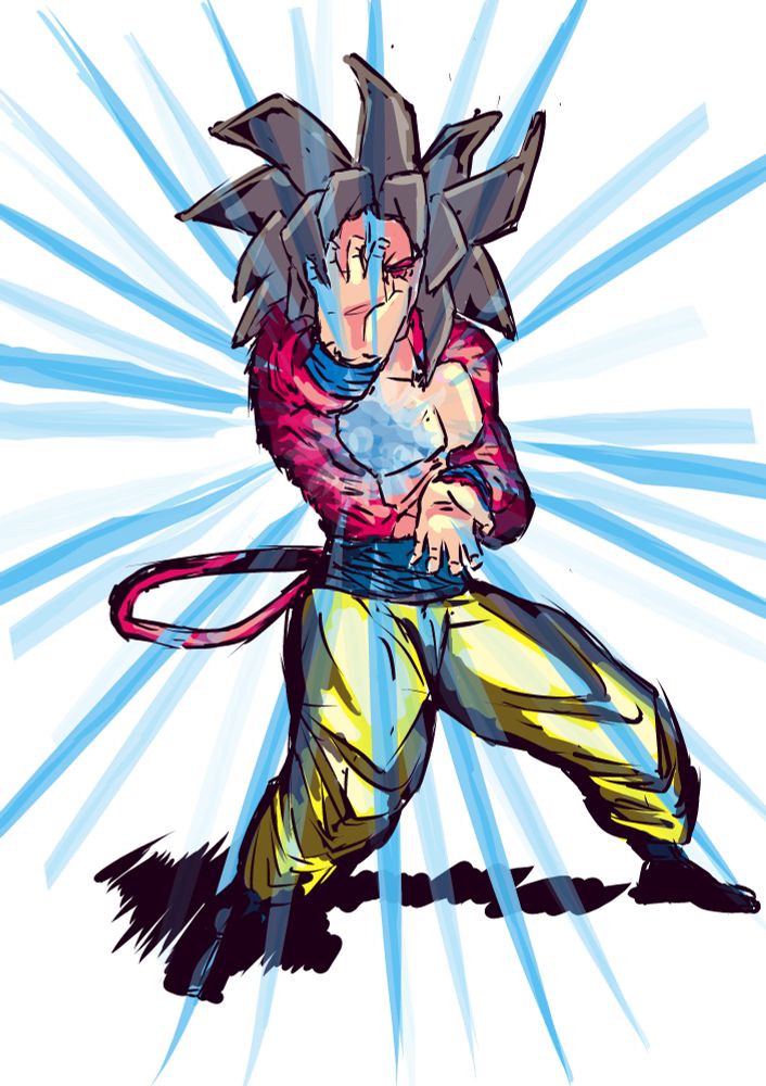 a drawing of super saiyan 4 goku firing a kamehameha wave