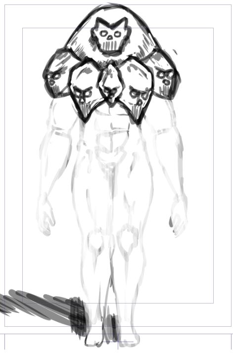 a sketch drawing of a new oc covered in skulls