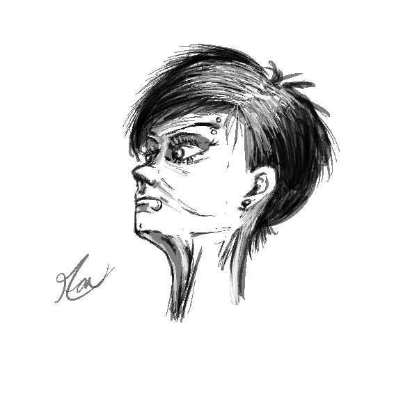 my drawing of a woman, viewed from a low angle, as she stairs stoically at those lesser than her