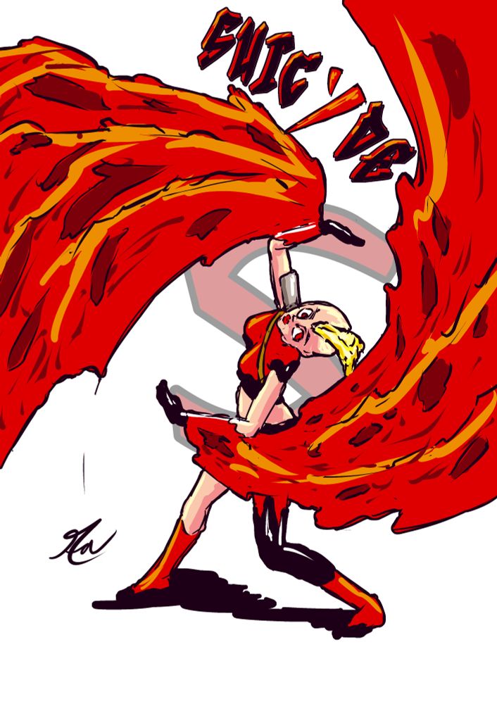 a drawing of a woman in red and black costume with magical blood pooring out of her arms 