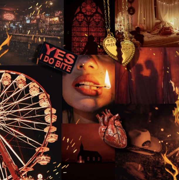 girl with match between teeth, bar with flames, ferris wheel, red church, red stainglass, canopy bed, girls shadows, cowboy hat, broken bff necklace, yes I do bite neon sign, anatomical heart.