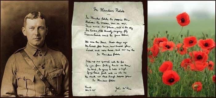 Lt. Col. John McCrae with poem “In Flanders Fields” and poppies.