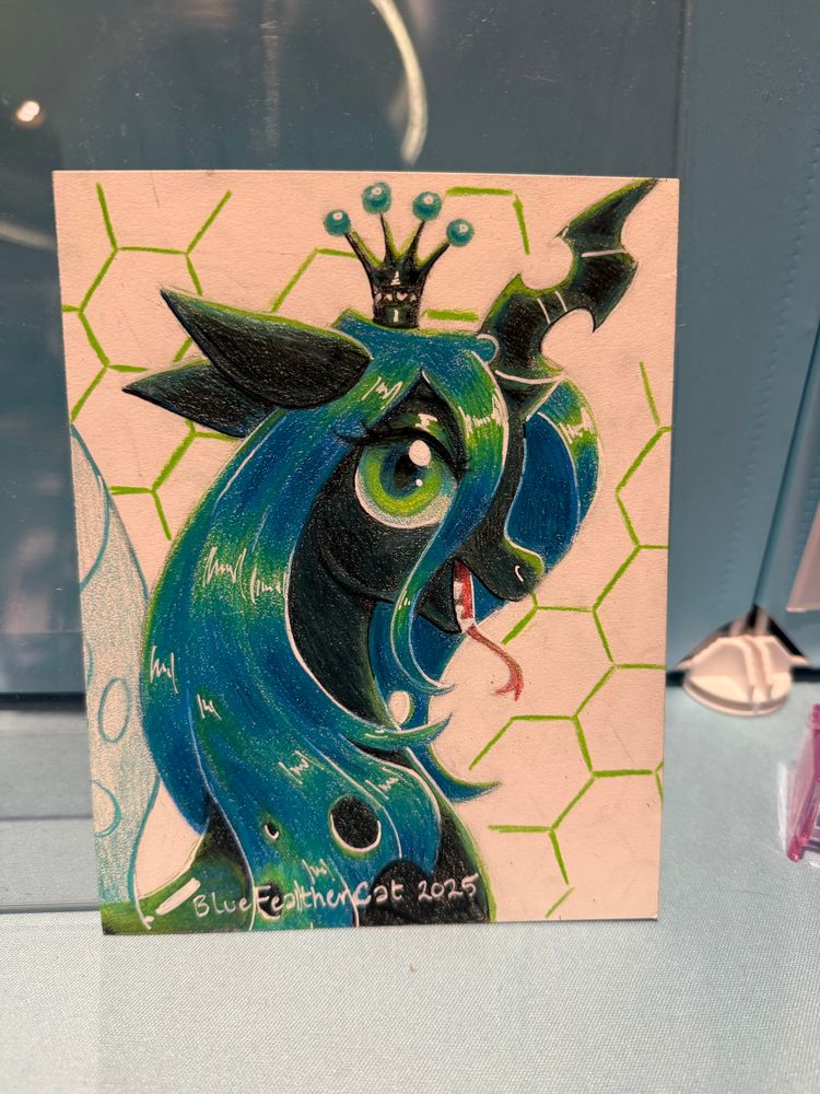 A headshot drawing of Chrysalis from “My Little Pony: Friendship is Magic” done in prismacolor and pose a marker on Bristol.