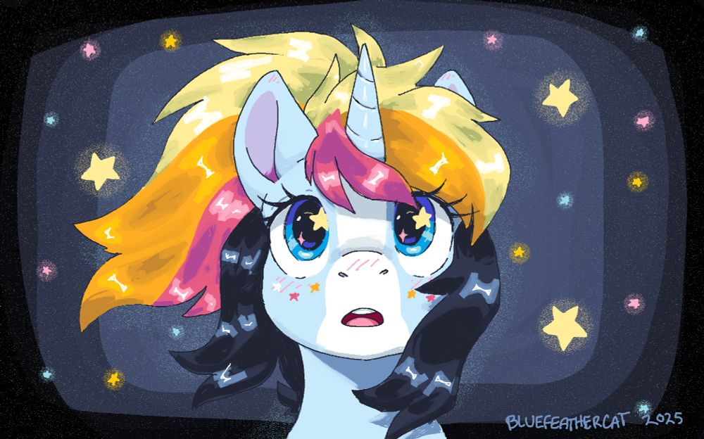 A blue unicorn with a multicolor mane stares in awe out into the night sky. What she is looking at is up for interpretation!