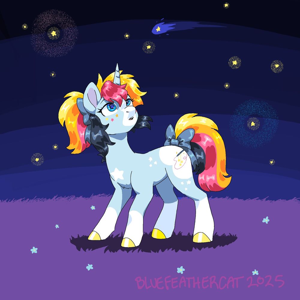 A blue unicorn with a multicolored mane and tail standing in a purple field at night. She gazes up at the starry sky as a shooting star passes by.