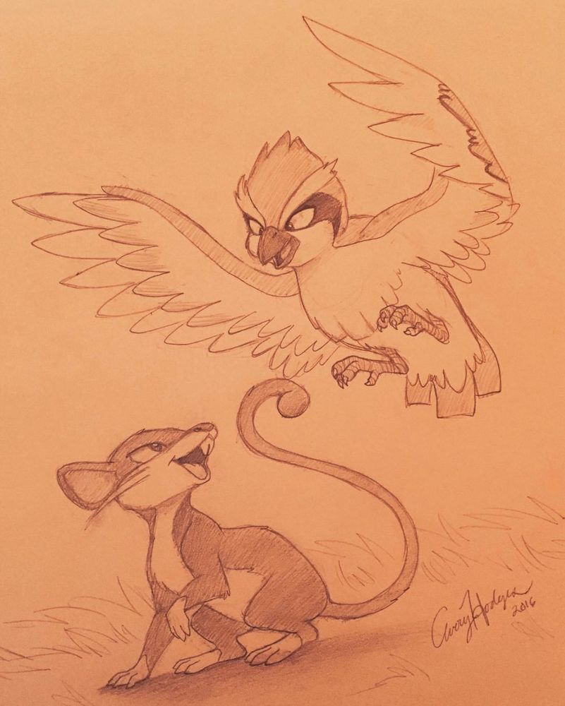 A pencil drawing of pidgey hovering over a smiling rattata (from Pokémon).