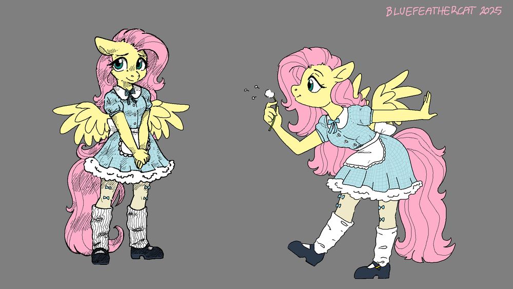 Two illustrations of an anthro fluttershy wearing a blue dress in front of a grey background. One Fluttershy is standing shyly with her hands clasped in front of her, while the other is enthusiastically blowing on a dandelion.