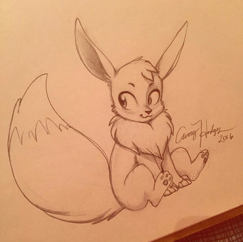 A pencil drawing of a sitting Eevee (from Pokémon) looking back at its tail.