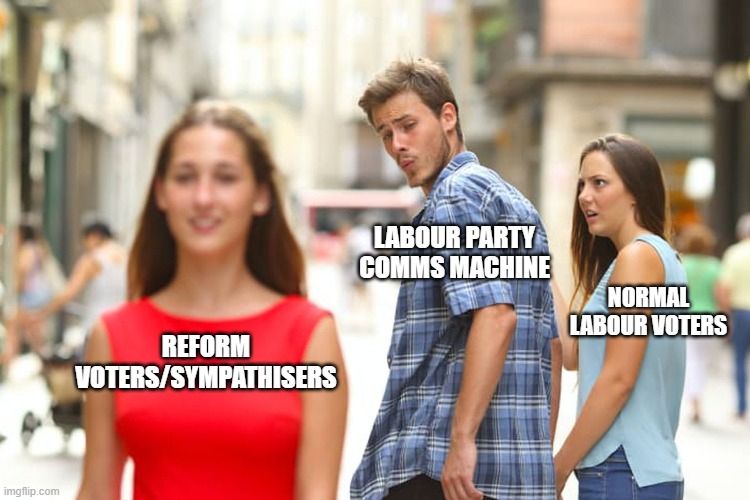 The 'Distracted Boyfriend' meme, where a tactless boyfriend is looking at someone else with admiration while the girlfriend looks at him in disbelief and fury.
The wording under the 3 people is:
Distracted Boyfriend - "Labour Party Comms Machine"
Furious Girlfriend - "Normal Labour Voters"
The Other Woman - "Reform Voters/Sympathisers"