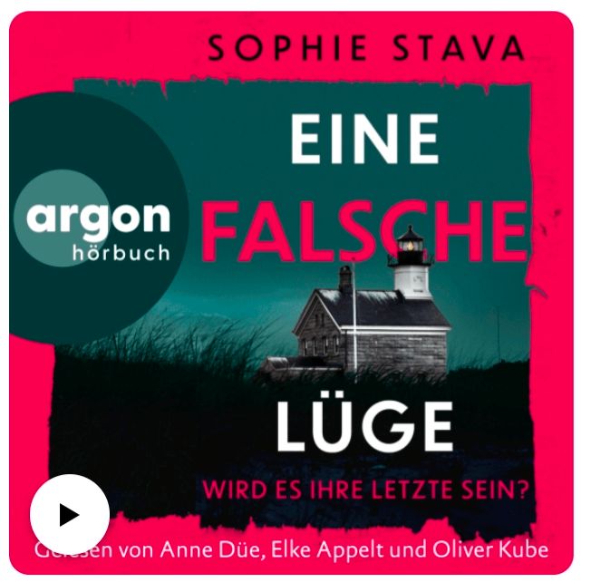 Das Bild zeigt das Cover eines Hörbuchs mit dem Titel "Eine falsche Lüge" von Sophie Stava, das einen Leuchtturm vor einer düsteren Küstenlandschaft zeigt.

Das Cover ist hauptsächlich in Pink und Dunkelgrün gehalten. Im Vordergrund steht der Titel des Buches in großen, weißen Buchstaben auf einem dunkelgrünen Hintergrund: „EINE FALSCHE LÜGE“. Darunter steht in kleinerer Schrift: „WIRD ES IHRE LETZTE SEIN?“.  Der Hintergrund zeigt ein Bild eines Leuchtturms mit einem nebligen Himmel und hohen Gräsern im Vordergrund. Die Farben sind düster und erzeugen eine geheimnisvolle Atmosphäre. Oben rechts steht der Name der Autorin, Sophie Stava, in weißen Buchstaben. Links unten im Bild befindet sich ein Kreis mit dem Argon-Hörbuch-Logo. Unten steht der Name der Sprecher. Das gesamte Design wirkt mysteriös und spannend und deutet auf den Inhalt des Buches hin.
