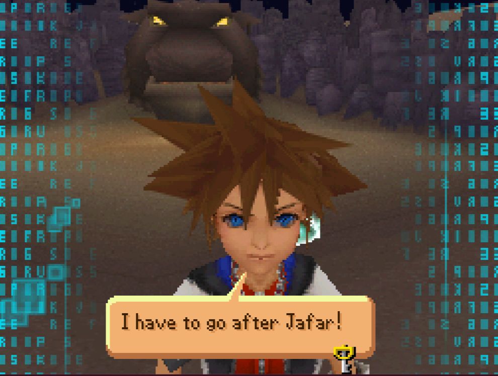 screenshot of kingdom hearts re:coded. Sora standing near the cave of wonders in Agrabah. he’s very close to the camera and stares right at us, looking very bitcrushed. he says “I have to go after Jafar!”
the cave of wonders’ mouth is closed. he looks grumpy as hell