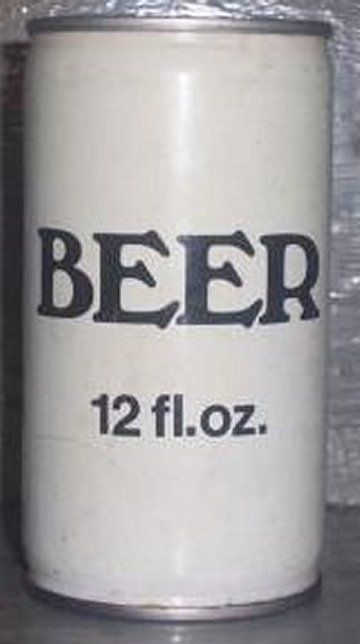 A 12 ounce can of generic beer. The label is all white, except for the word "beer" in large, bold font. Underneath that word, in a smaller font, is the description "12 fl.oz."