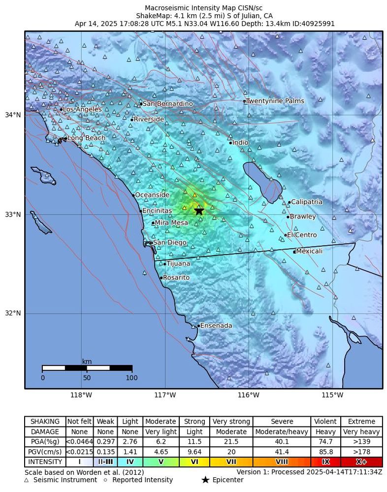 This ShakeMap shows the ground shaking intensity from a magnitude 5.2 earthquake that occurred on April 14, 2025. The epicenter is marked with a black star and located just south of Julian, California, in San Diego County.
The shaking intensity is represented using the Modified Mercalli Intensity (MMI) scale, with colors ranging from green (light shaking) near the epicenter to blue (weak shaking) farther out. The strongest shaking (MMI V to VI) was felt in the mountains and foothill regions northeast of San Diego, including areas near Mira Mesa and Encinitas.

Seismic instrument locations are shown as triangles, and community-reported intensities are marked with small circles. Cities across Southern California and northern Baja California, including San Diego, Oceanside, Riverside, and Tijuana, experienced weak to light shaking. The scale at the bottom links MMI levels to estimated damage and ground motion levels, helping to interpret the impact across the region.
