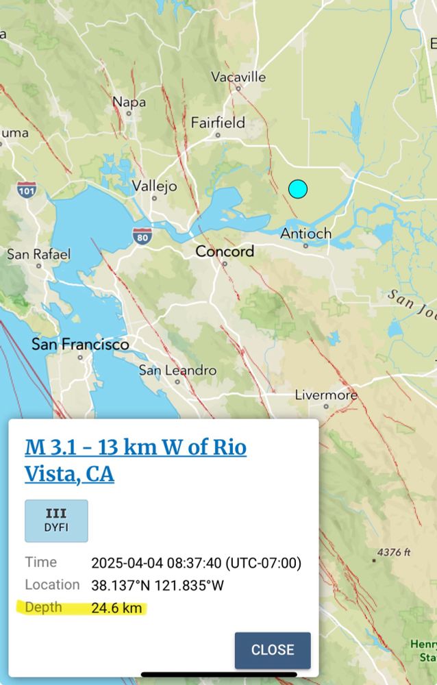 Map of the San Francisco Bay and Sacramento River delta and surrounding areas. A white circle is shown north of the city of Antioch representing the epicenter of a magnitude 3.1 earthquake. A white box with details about the quake is shown in the lower left corner. It states this earthquake was 13 kilometers west of Rio Vista, CA occurring at 8:37am on April 4. The hypocenter is listed at 24.6 kilometers and is highlighted in yellow for emphasis.