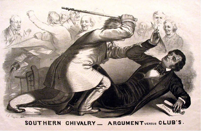 Political cartoon depicting the 1856 beating of Massachusetts Senator Charles Sumner by South Carolina Representative Preston Brooks at his desk days after giving a lengthy, excoriating speech against slavery and Congressional slaveholders. Sumner was beaten bloody and unconscious. 