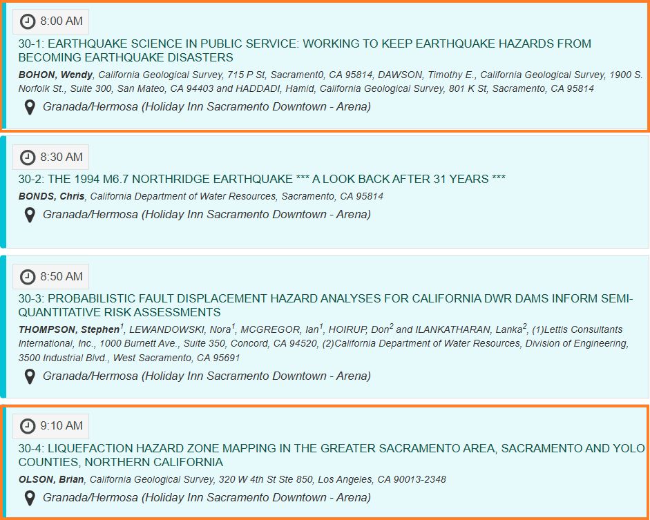 Screen shot of the Friday morning schedule of speakers with orange boxes highlighting a talk by Wendy Bohon entitled "Earthquake Science in Public Service: Working to Keep Earthquake Hazards from becoming Earthquake Disasters" at 8:00am and a talk by Brian Olson entitled " Liquefaction Hazard Zone Mapping in the Greater Sacramento Area, Sacramento and Yolo Counties, northern California" at 9:10am.