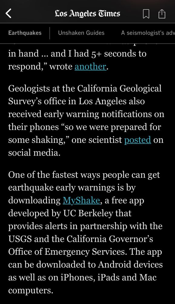 Screen shot of an online article from the Los Angeles Times about this week’s magnitude 5.2 earthquake and the early warning notifications. The text says, “Geologists at the California Geological Survey’s office in Los Angeles also received early warning notifications on their phones ‘so we were prepared for some shaking,’ one scientist posted on social media.”