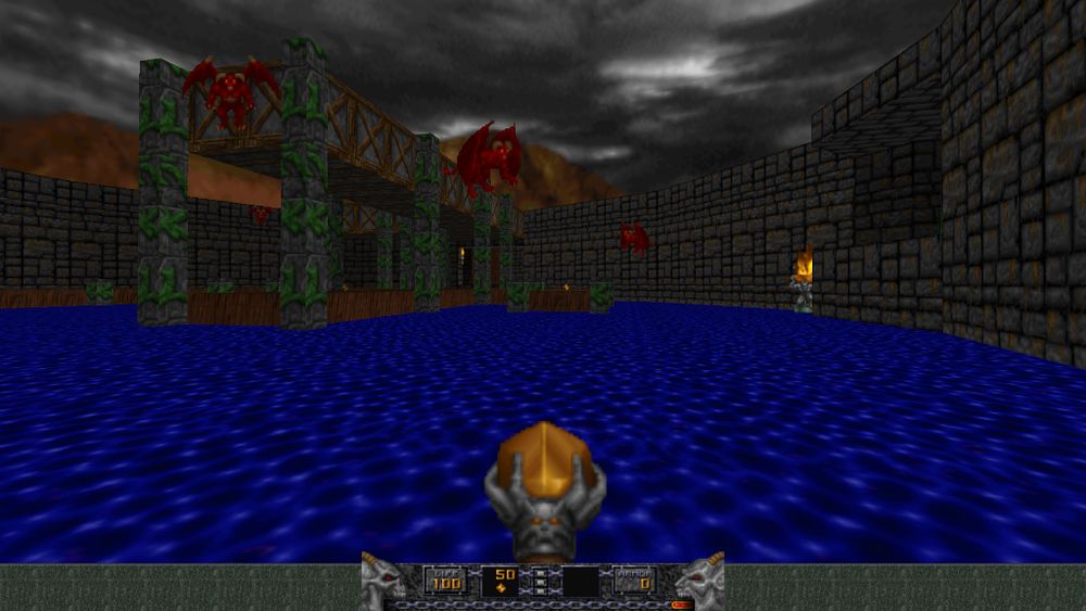Heretoc screenshit. Standing in water with a wizard staff fighting flying red demon creatures.