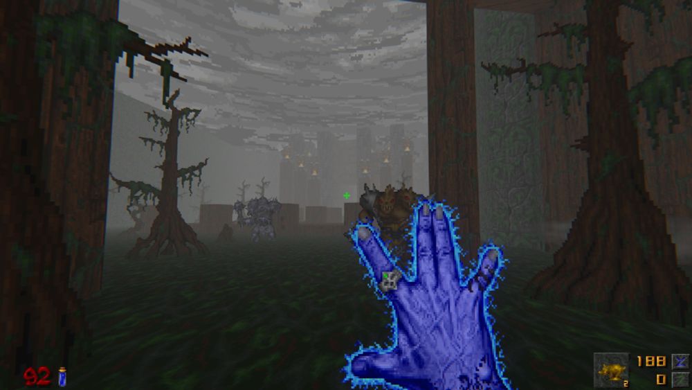 Screenshot of Hexen. Using freeze magic on a double headed ogre in a swamp environment.