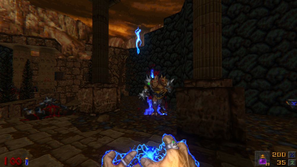 Screenshot of Hexen. Fighting a double headed ogrer with lightning magic attacks in a rocky ruins environment.