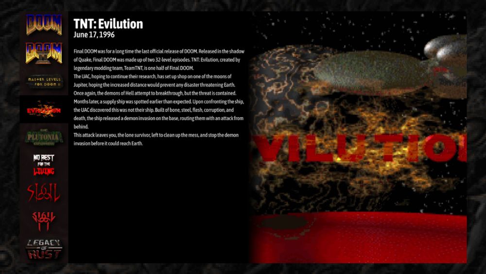 DOOM 1 + 2 Main Menu game selection, with the "DOOM TNT Evilution" option selected.