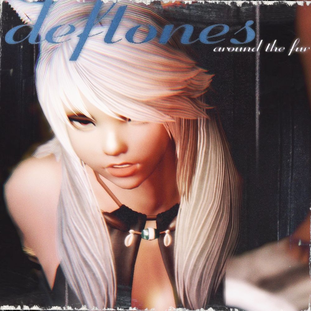 modern alternate universe version of my final fantasy 14 miqo’te, Kiri, posing on the pool’s edge like the album cover for Deftones - Around The Fur