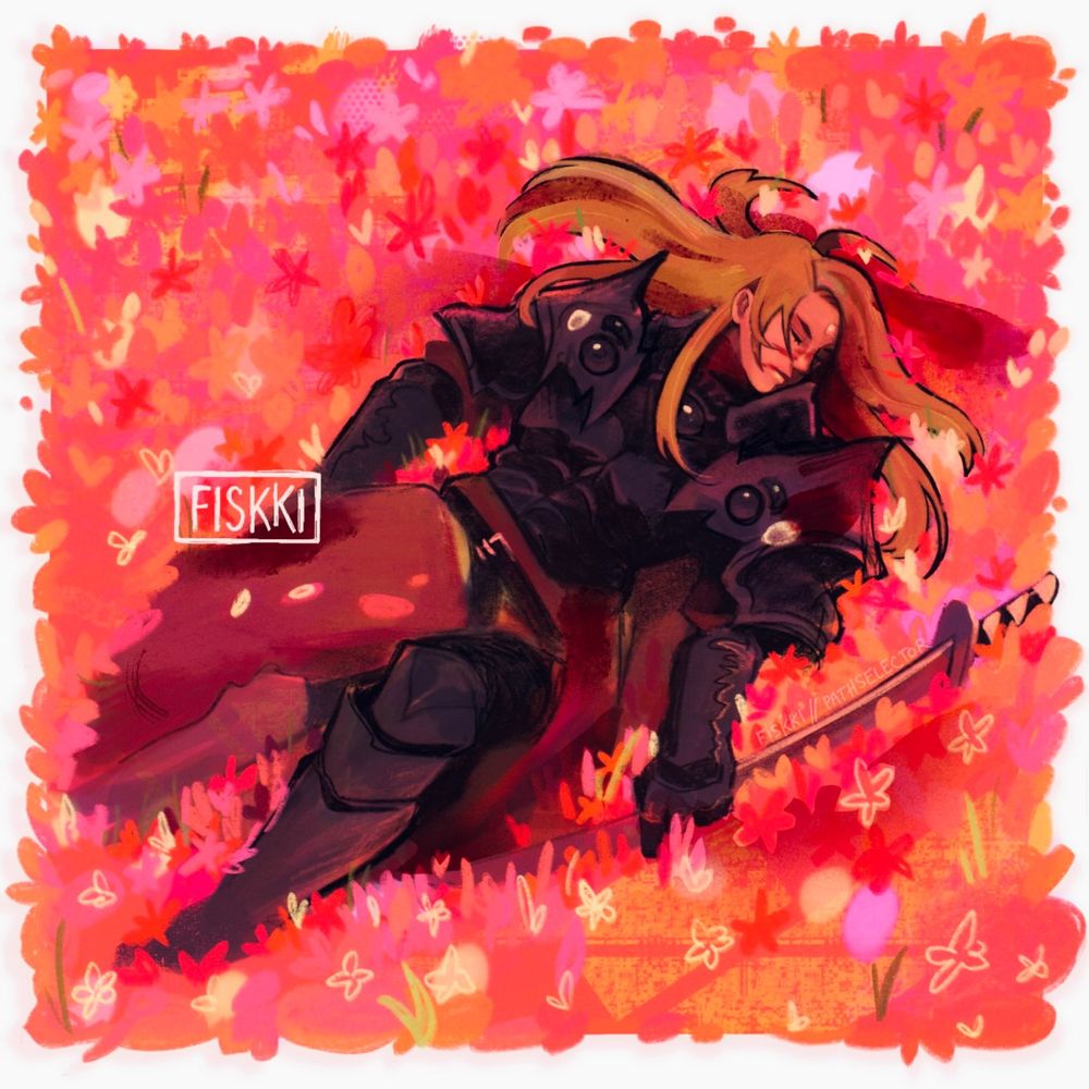 Zenos Yae Galvus taking a nap in a field of red flowers, inspired by Porter Robinson’s cover art for his album, Nurture.
