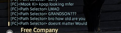 ffxiv chat screenshot during the introduction to Solus Yae Galvus

text:

Mookie: kpop looking motherfucker
Pathselector: LMAO
Pathselector: GRANDSON????
Pathselector: bro how old are you
Pathselector: doesn’t matter. would