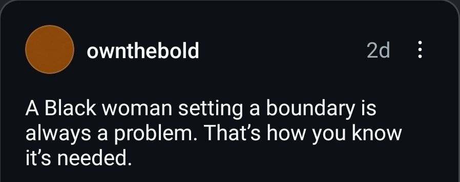 Thread screenshot that reads: A Black woman setting a boundary is always a problem. That's how you know it's needed.